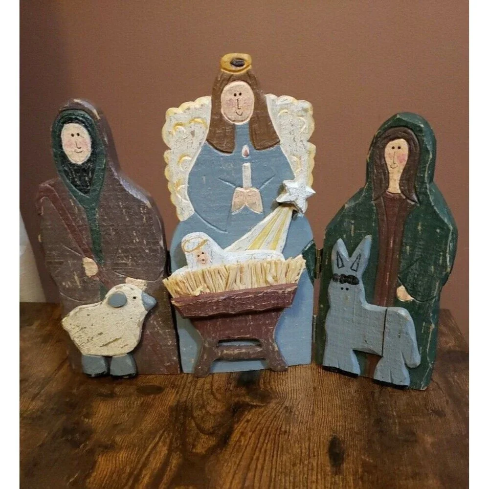 Nativity Wood Painted Trifold Folk Art Christmas Triptych Manger Creche Holiday